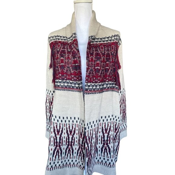 Style & Co Sweater Cardigan Women's Sz Small Open Front Tan Red Blue Fringe - Picture 1 of 11